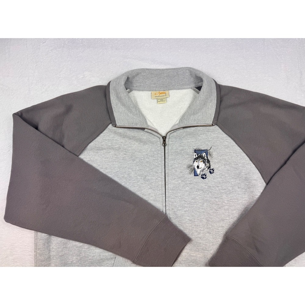 Artisans Mens XXL Gray Wolf Embroidered Zip Fleece Sweatshirt Two Tone Raglan